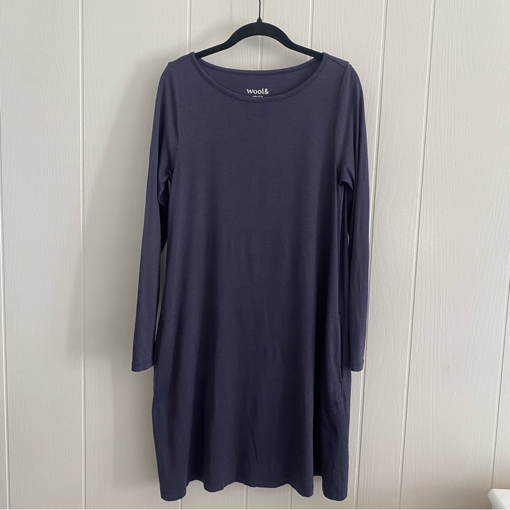 Wool& Long Sleeve Swing Dress in Dark Royal Blue Merino Wool Pockets XS